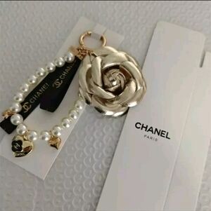 New CC Gold Flower Keychain with Black Ribbon and Pearls